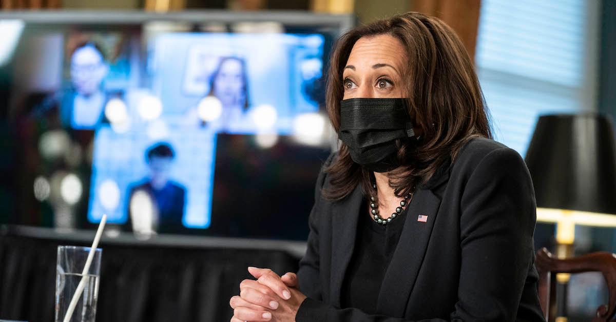 U.S. Vice President Kamala Harris wears a black mask and suit, as she leads a meeting with women leaders of the labor community to commemorate Women’s History Month and the passage of the American Rescue Plan in Harris’ ceremonial office in the Eisenhower Executive Office Building on March 18, 2021 in Washington, D.C. 