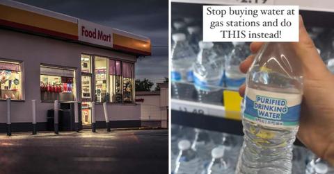 (L) Convenience store at a gas station at night. (Representative Cover Image Source: Pexels | Chris F) | (R) Evans showing why buying bottled water at gas stations is a bad idea. (Cover Image Source: TikTok | @somersavesyou)