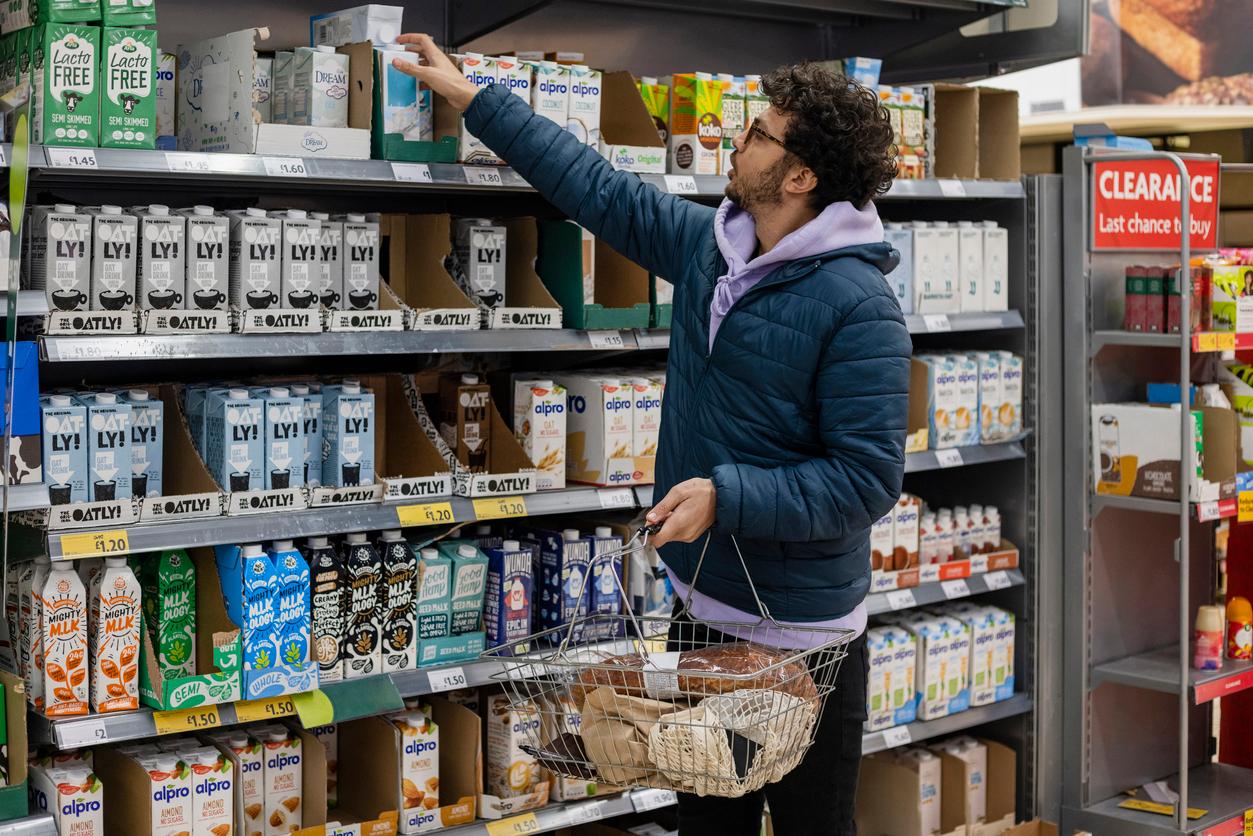 Person shopping for alternative milks in grocery aisle