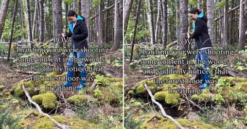 A woman standing under a tree starts rising up and down as the forest floor begins to breathe. (Cover Image Source: Instagram | @thebodaciousbluenoser)