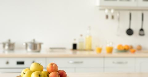 Dish of apples on kitchen counterop
