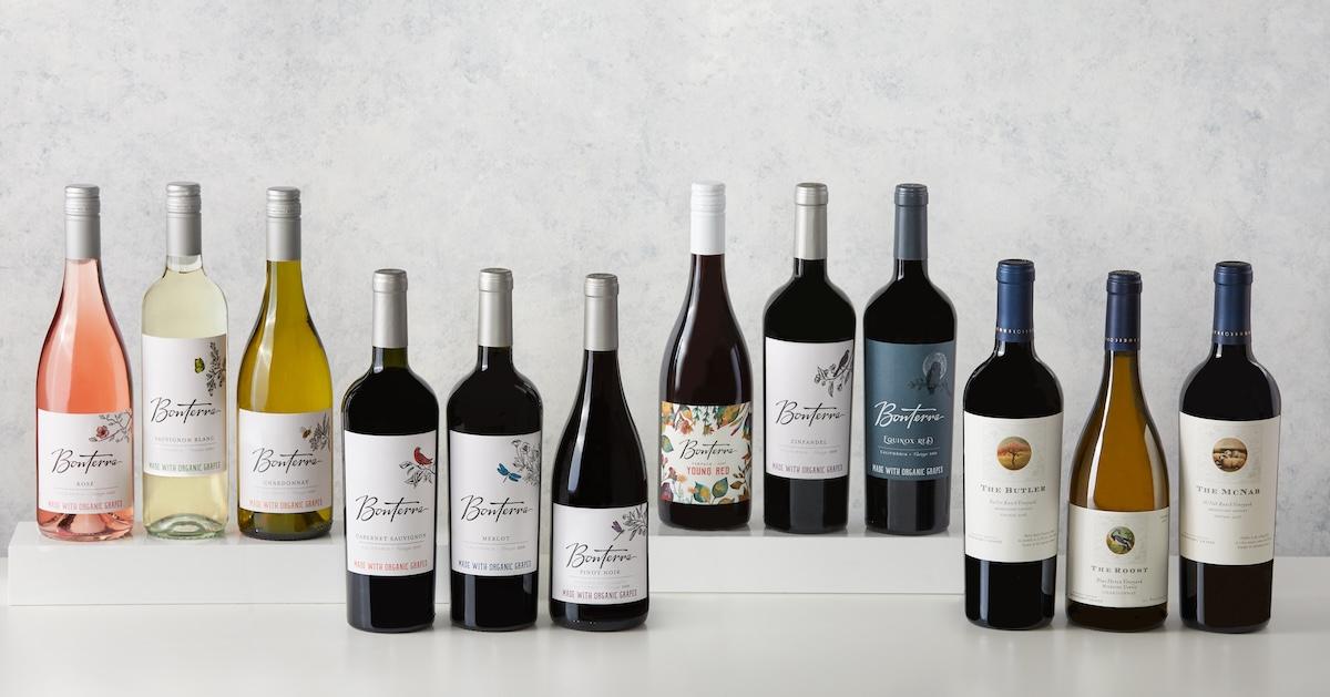 12 Bonterra Organic Estates bottles of wine of varying types on a white background