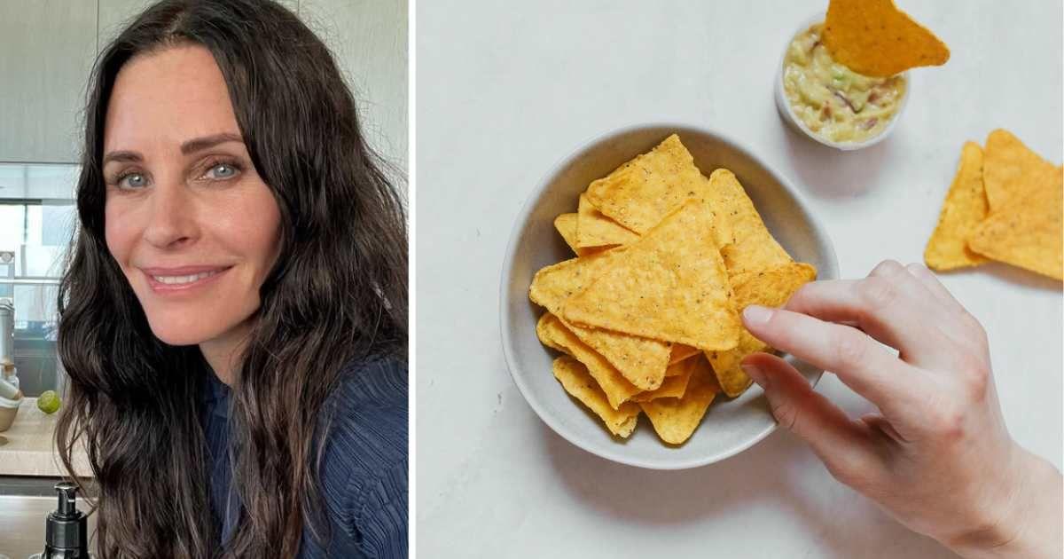 (L) Courteney Cox posing for a selfie. (Cover Image Source: Instagram | @courteneycoxofficial) (R) A person picking a chip from a bowl of nachos. (Representative Cover Image Source: Pexels | Polina Tankilevitch)