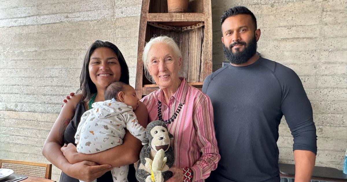 Environmentalists Juma Xipaia, Dr. Jane Goodall, and Dax Dasilva posing for a photo 