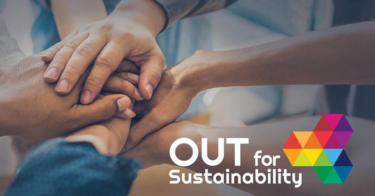 A team of hands uniting alongside the Out for Sustainability logo 