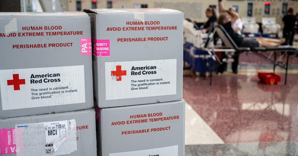 Stacked boxes of blood collected by the Red Cross