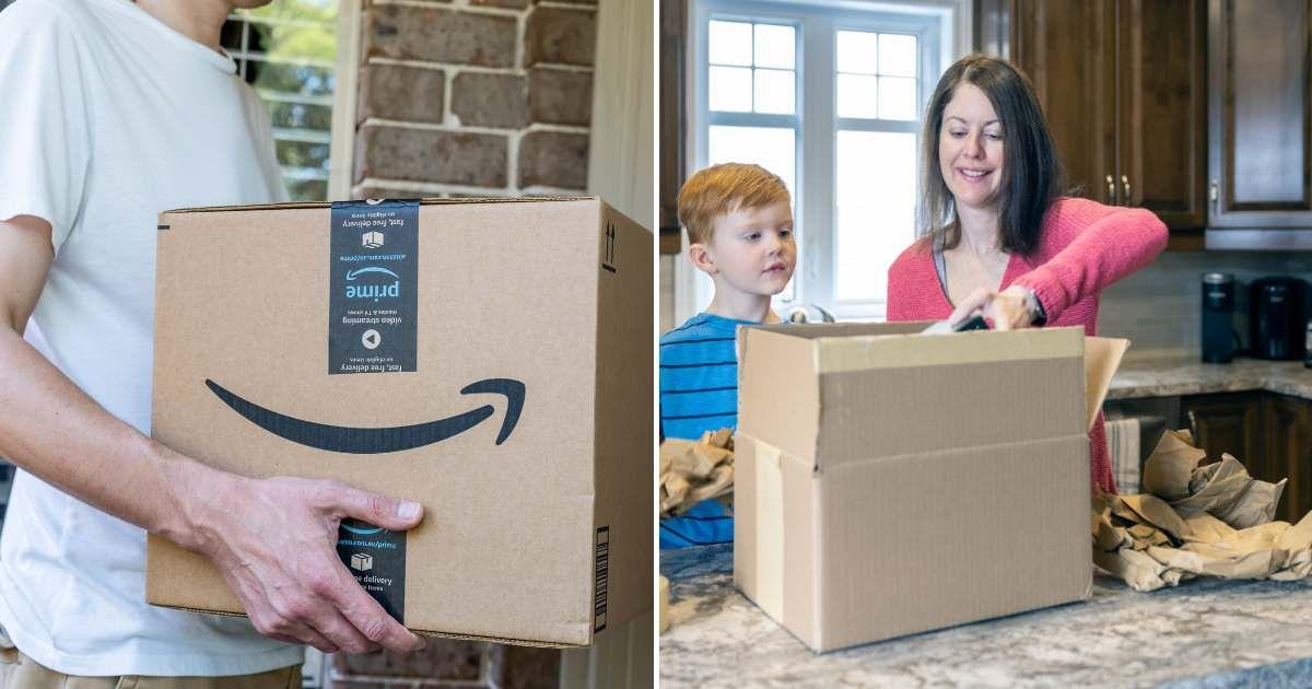 (L) Amazon big huge box delivered to a front door, (R) Mom and son unboxing delivered package on a kitchen counter. (Representative Cover Image Source: Getty Images | (L) Daria Nipot, (R) Onfokus) 