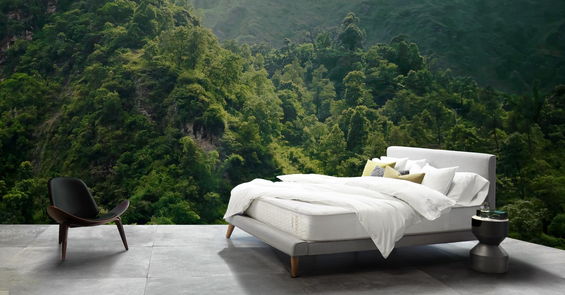 Saatva mattress on bed frame in front of lush mountains 