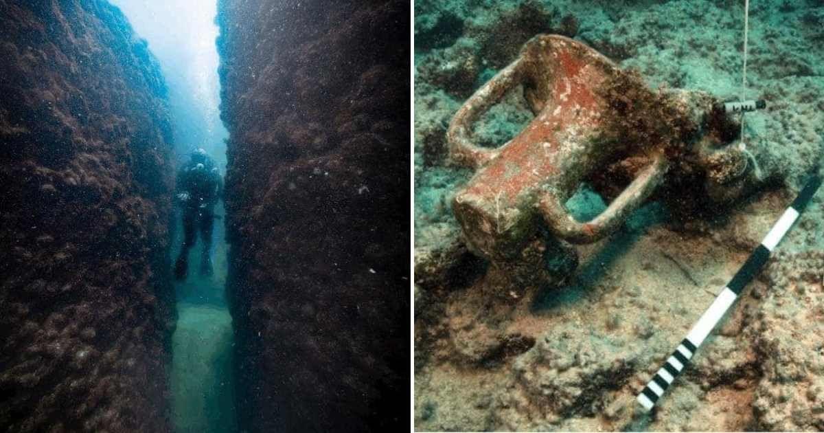 (L) Underwater explorers near a submerged port in the Mediterranean; (R) Ancient artefacts uncovered from the expedition. (Cover Image Source: Facebook | ‎رئاسة مجلس الوزراء المصري)