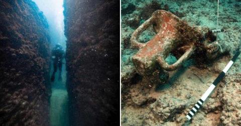 (L) Underwater explorers near a submerged port in the Mediterranean; (R) Ancient artefacts uncovered from the expedition. (Cover Image Source: Facebook | رئاسة مجلس الوزراء المصري)