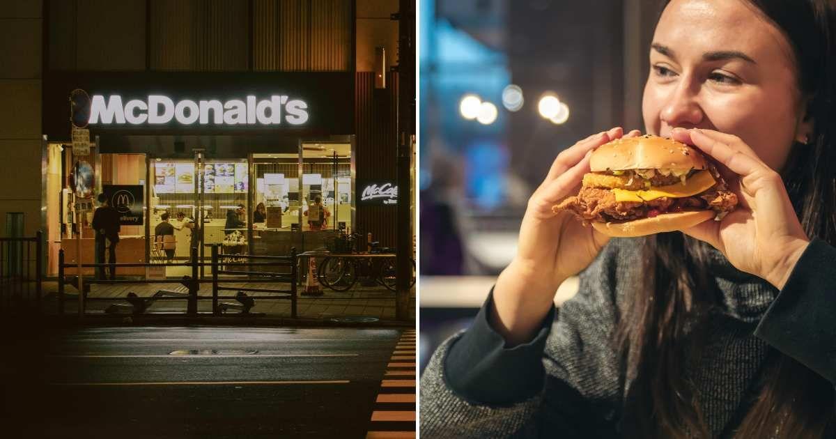 (L) McDonald's outlet during the night, (R) A woman happily eating a cheeseburger (Representative Cover Image Source: (L) Pexels | Maxine Guo, (R) FreePik | PV productions)