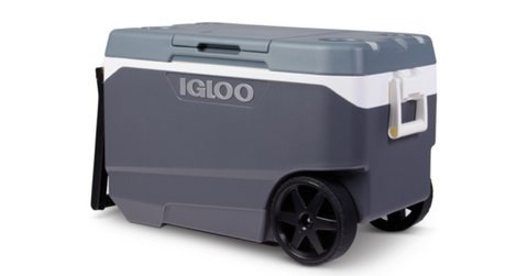 A dark gray Igloo cooler sits on black wheels with a white handle and a black handle