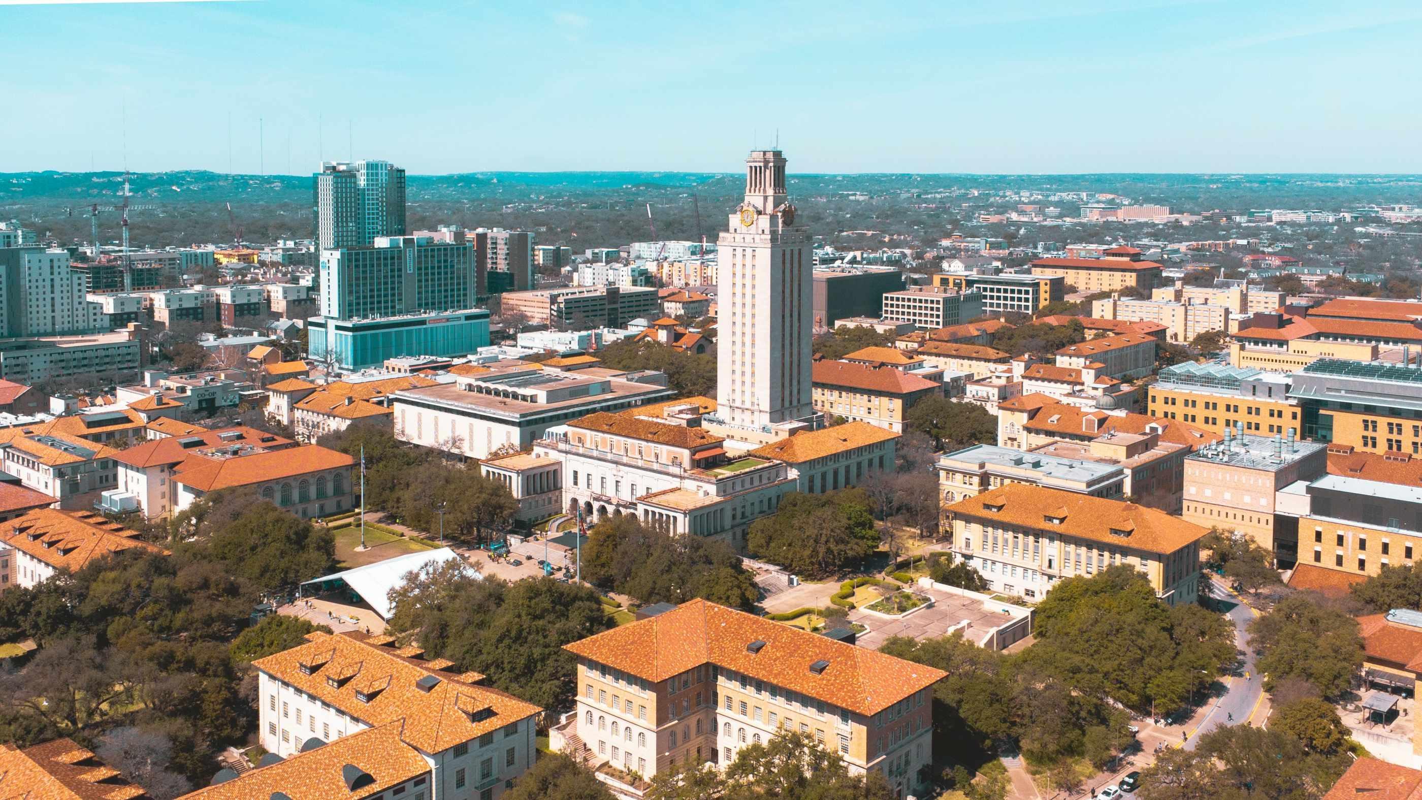 The University of Texas is pictured in an aerial shot.