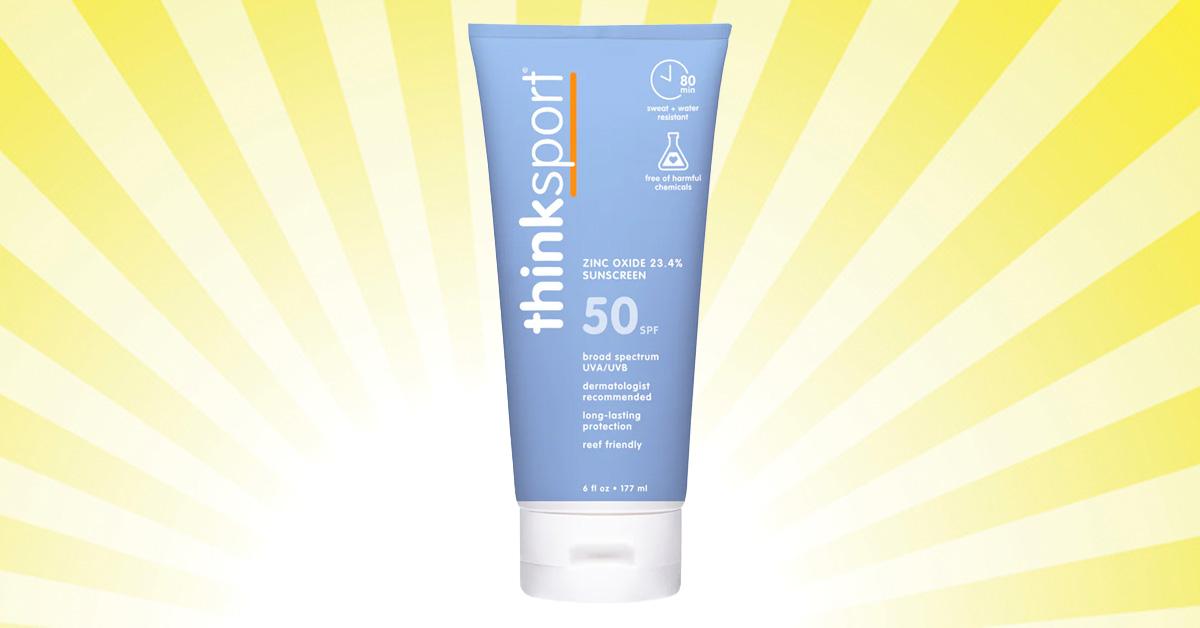 A light blue tube of sunscreen against a yellow background.