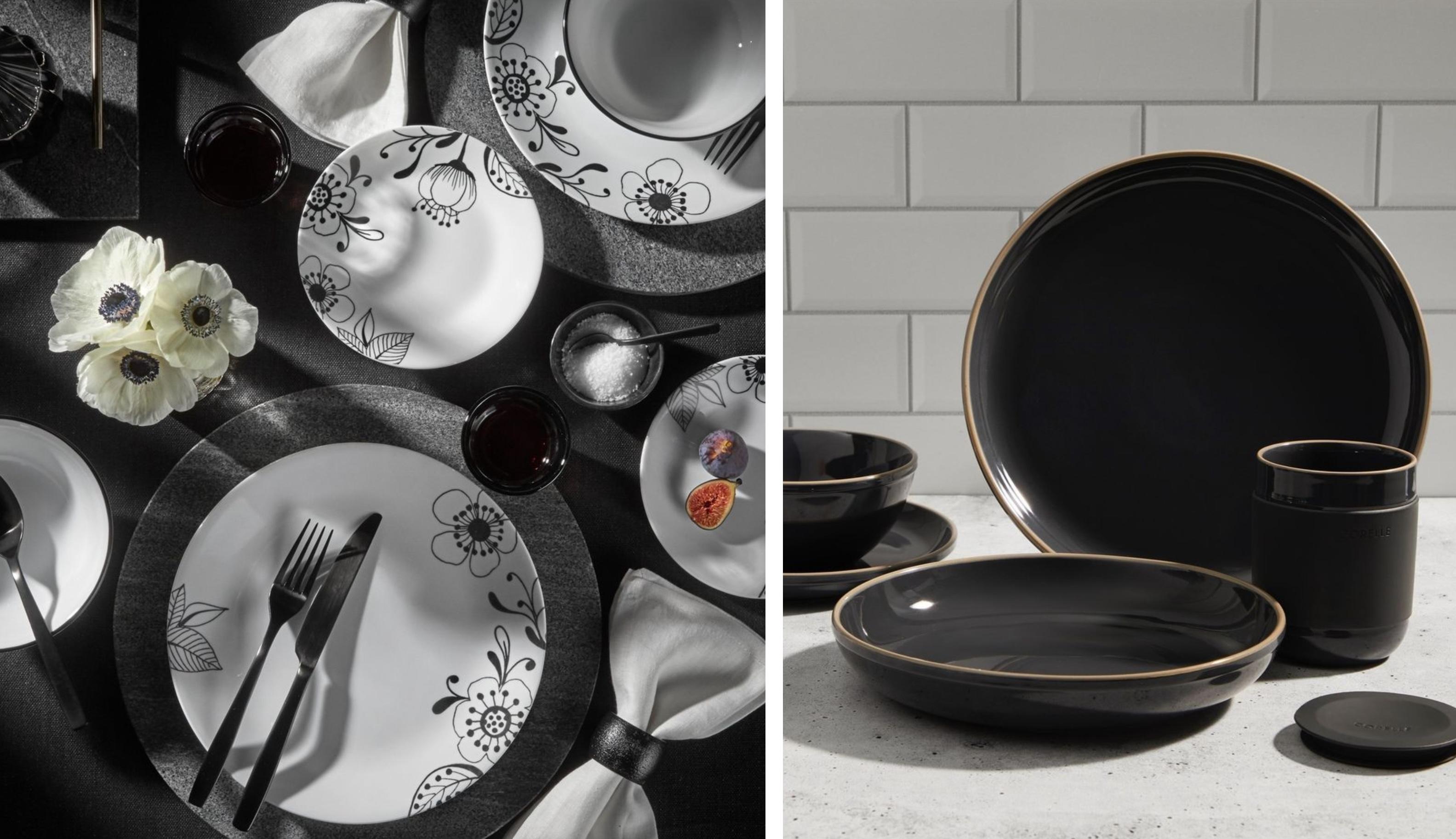 Two photos depict white and black Corelle brand dishes against a kitchen table and a kitchen countertop.