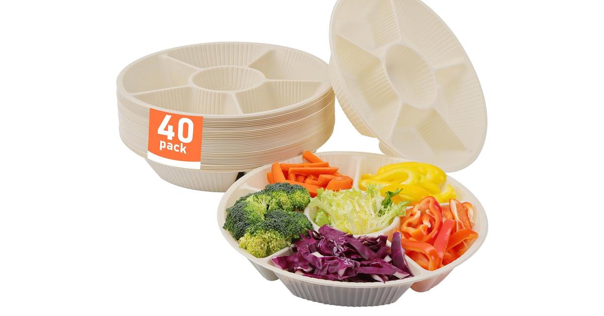 Disposable Divided Serving Tray made of cornstarch and filled with cut-up veggies.