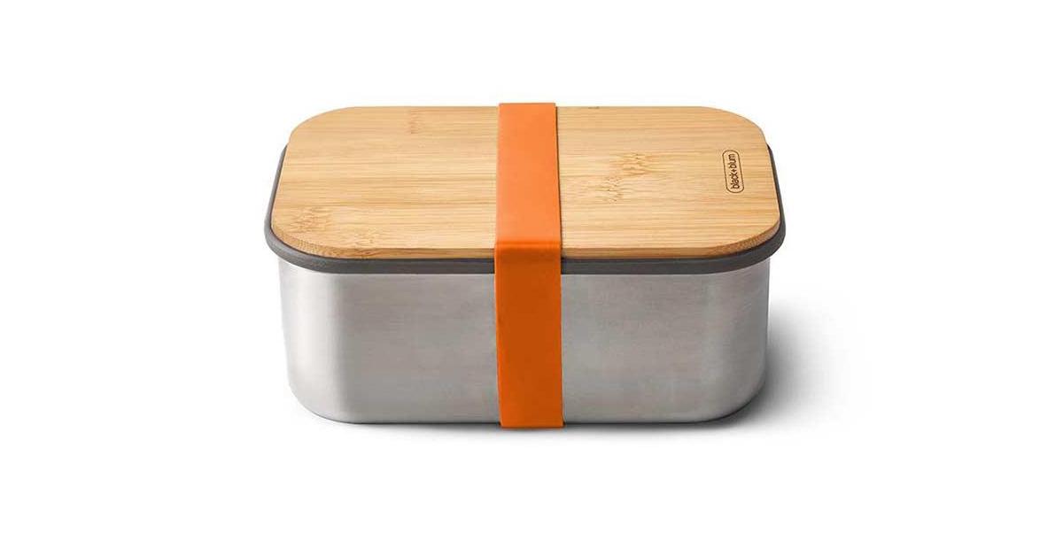 stainless lunch box with bamboo lid and orange silicone strap