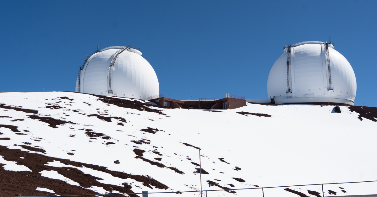 Snow covers the NASA Observatory at the top of Hawaii's Mauna Kea mountain