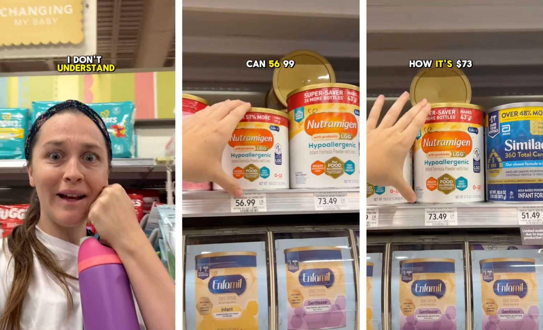 Three screenshots depict a TikTok user pointing to expensive baby formula in a store.