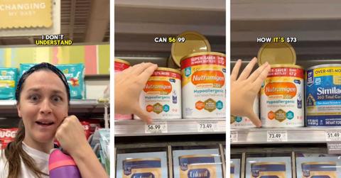 Three screenshots depict a TikTok user pointing to expensive baby formula in a store.