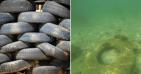 (L) Several vehicle tires stacked on top of each other. (R) A tire underwater has gathered moss. (Representative Cover Image Source: Pexels | (L) Magda Ehlers, (R) The Planet Speaks)