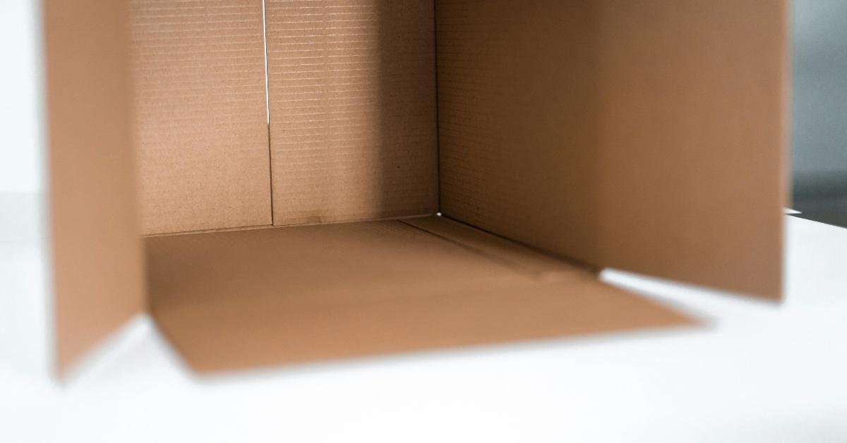 Open cardboard box displayed on the floor. 