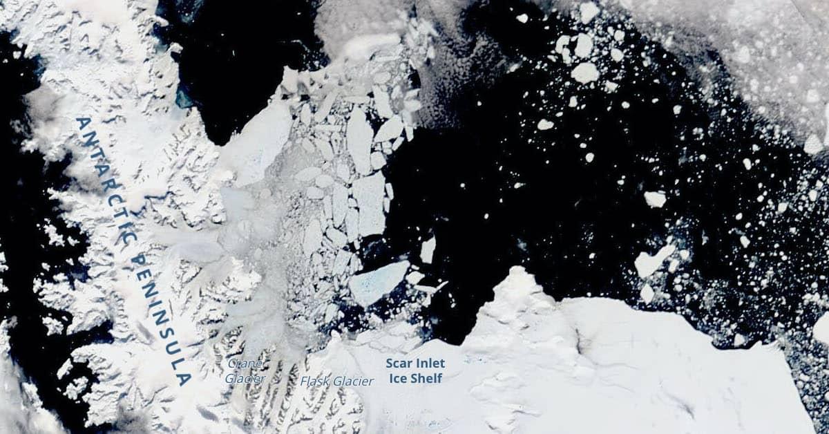 First image of the Larsen B Embayment still as a solid piece of sea ice on Jan. 26, 2022