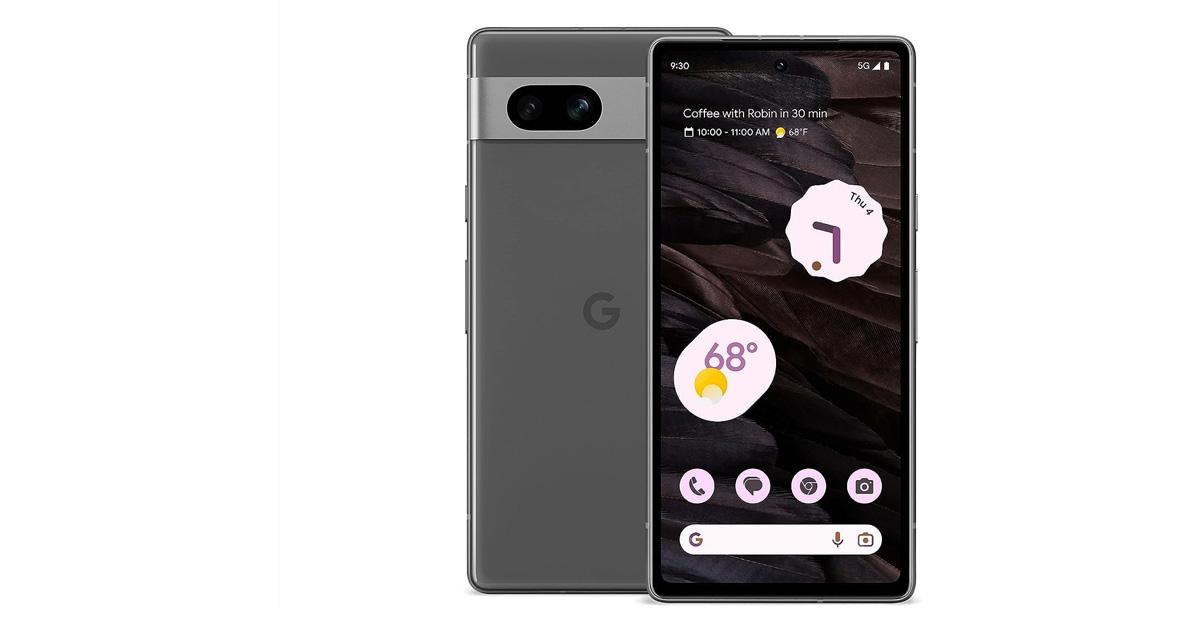 Google Pixel 7a Android Cell Phone with weather and time on the screen