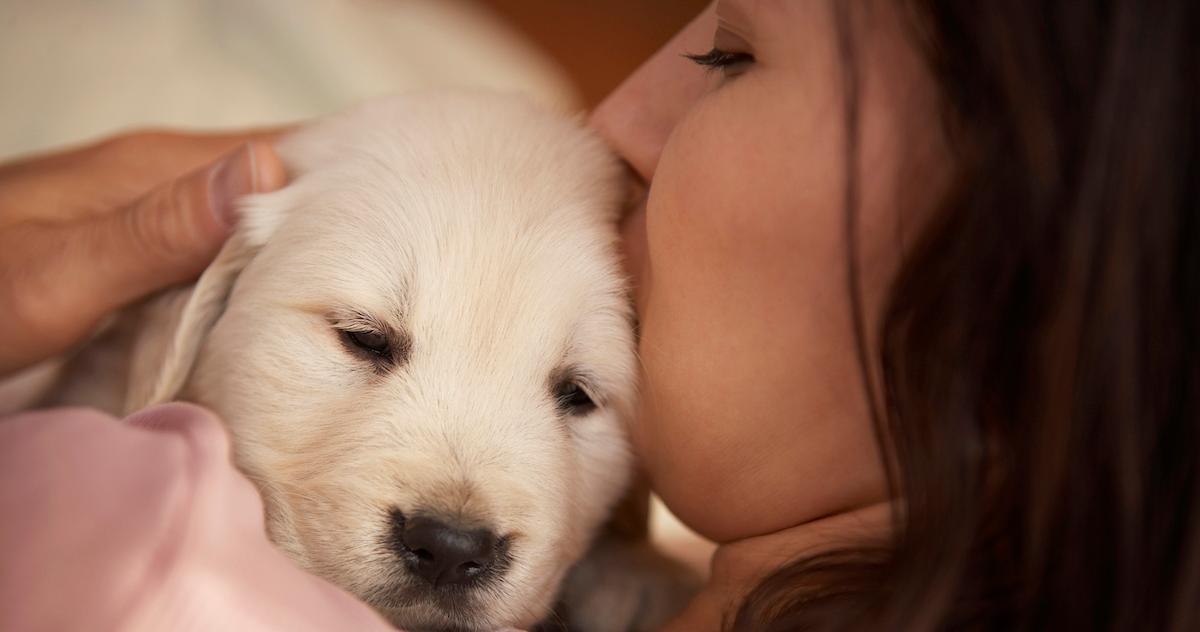 Woman kissing puppy