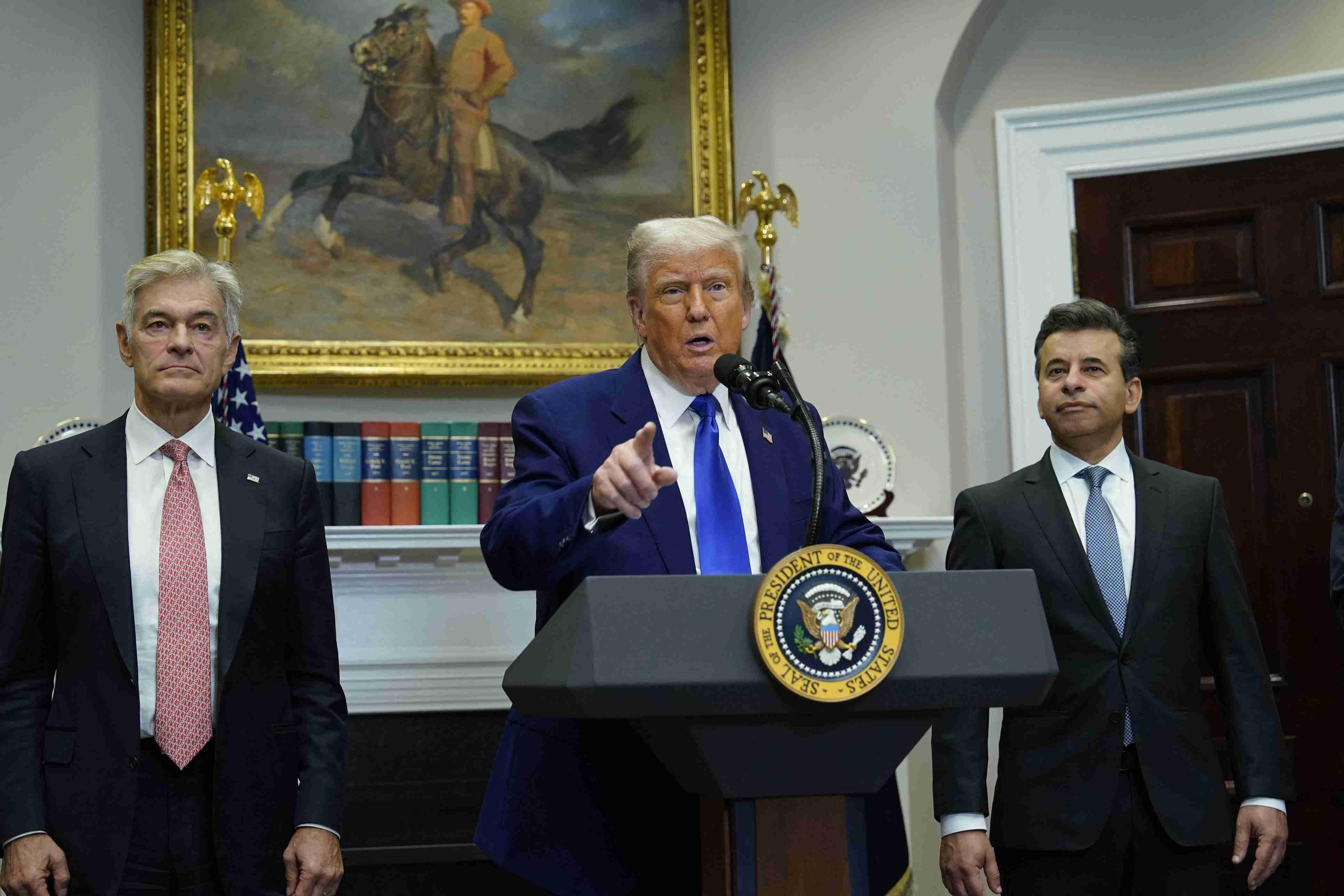 President Donald Trump speaks from his produm about a variety of topics, including high prices for medicine.