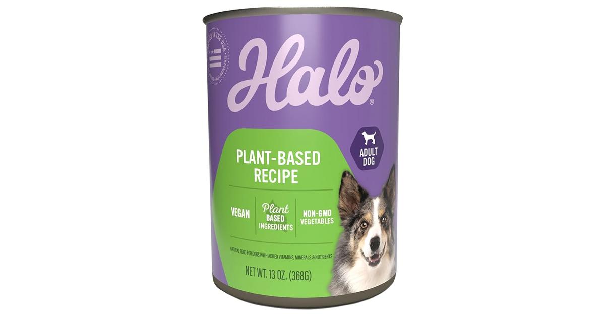  Halo Garden of Vegan Adult Wet Dog Food in purple can with dog's face