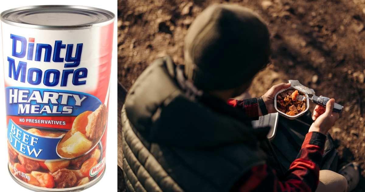 (L) A Dinty Moore Canned Beef Stew; (R) A person eating canned food outdoors. (Representative Image Source: Getty Images | (L) cveltri; (R) Super Scout)