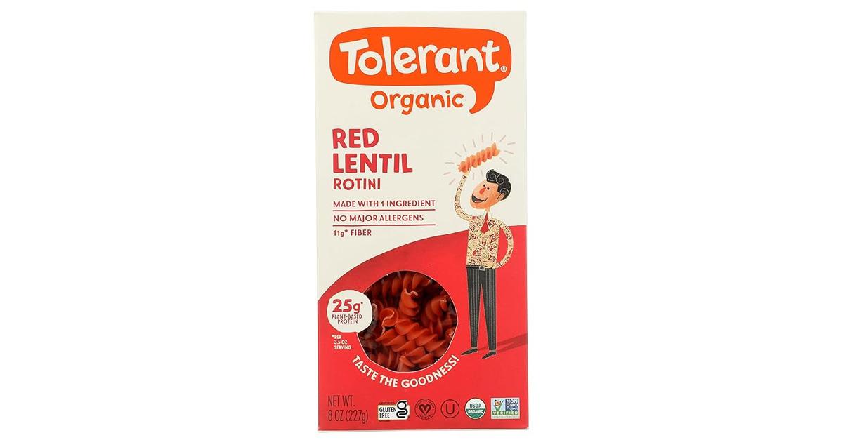 Tolerant Organic red lentil rotini pasta in a red and cream box.