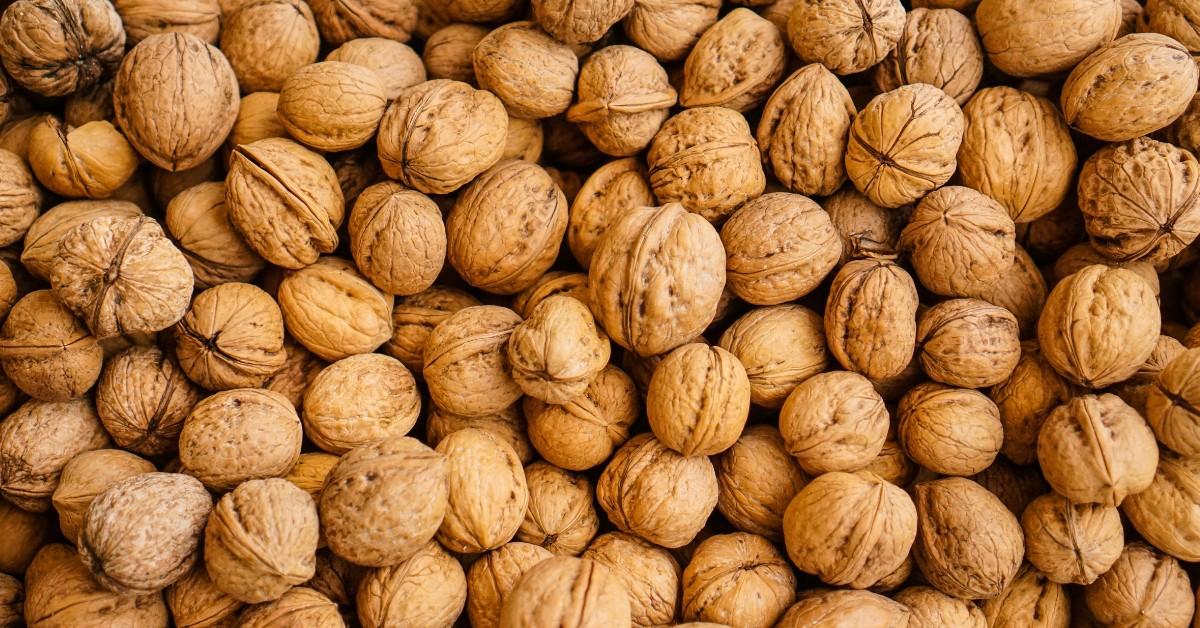 A closeup of a large pile of walnuts