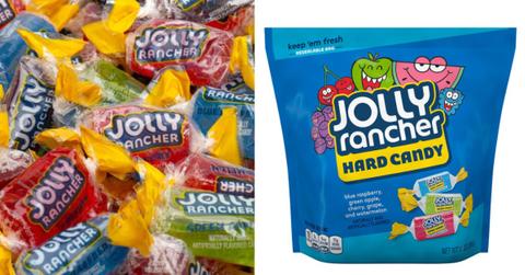 A closeup of Jolly Ranchers candy and the bag they come in