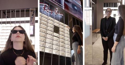 Three screenshots depict a LensCrafters customer picking out glasses with an employee.