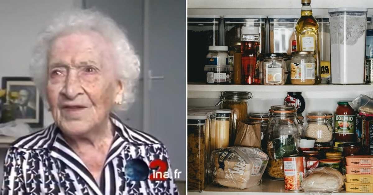 (L) Jean Calment in an interview with INA France on her 114 birthday. (Cover Image Source: YouTube | @Inaactu) | (R) Kitchen staples arranged on a shelf. (Representative Cover Image Source: Unsplash | Annie Spratt)