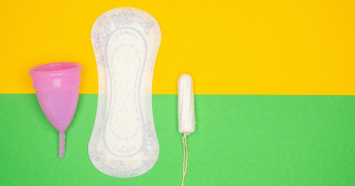 A menstrual cup, pad, and tampon