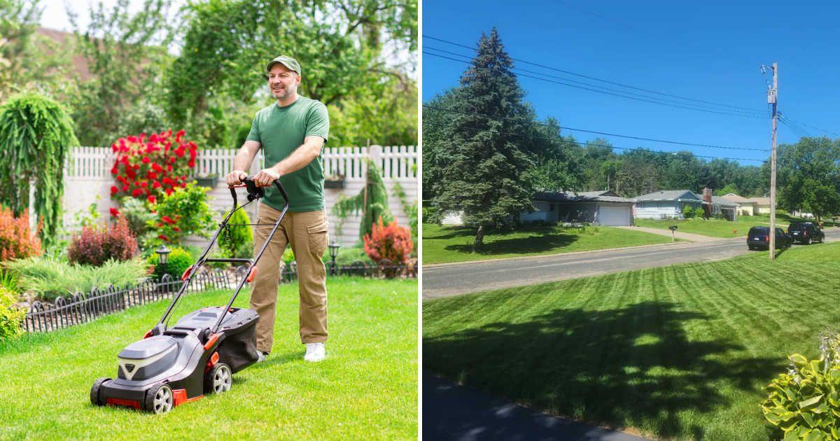 (L) Man mowing a lawn (Representative Cover Image Source: Getty Images | Olena Miroshnichenko) | (R) Gardener used a mow setting to create a handsome lawn (Cover Image Source: Reddit | u/Classic-Setting-736)