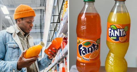 (L) Man buying sodas from a retail store (Representative Cover Image Source: Getty Images | Elena Perova) | (R) Two Fanta drinks from Europe and America. (Cover Image Source: Reddit |u/dannybluey)