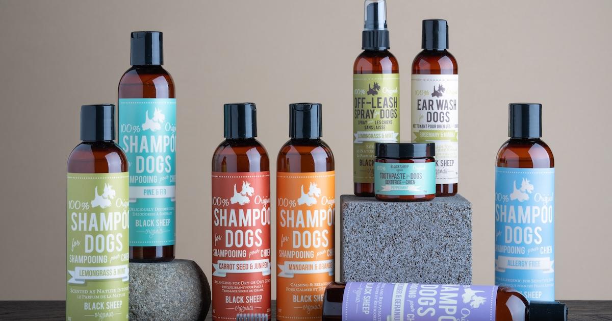 Various bottles of Black Sheep Organics shampoos and other products on a tabletop.