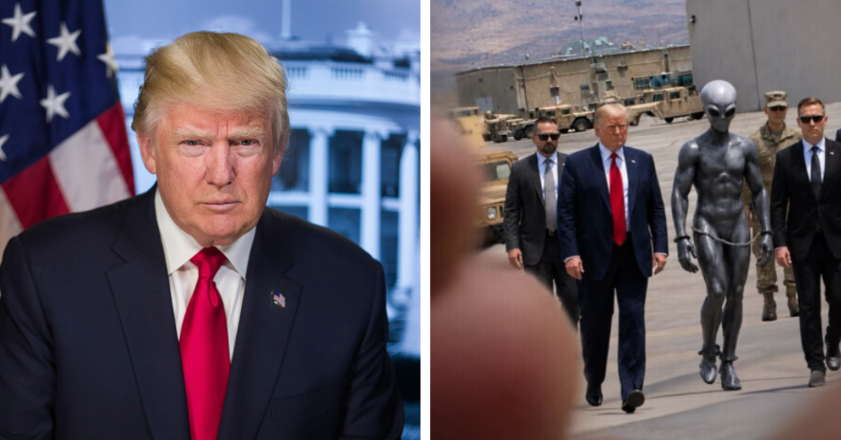 Donald Trump's presidential portrait appears next to an AI photo he posted of himself with an alien