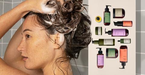 woman washing hair and prose hair products