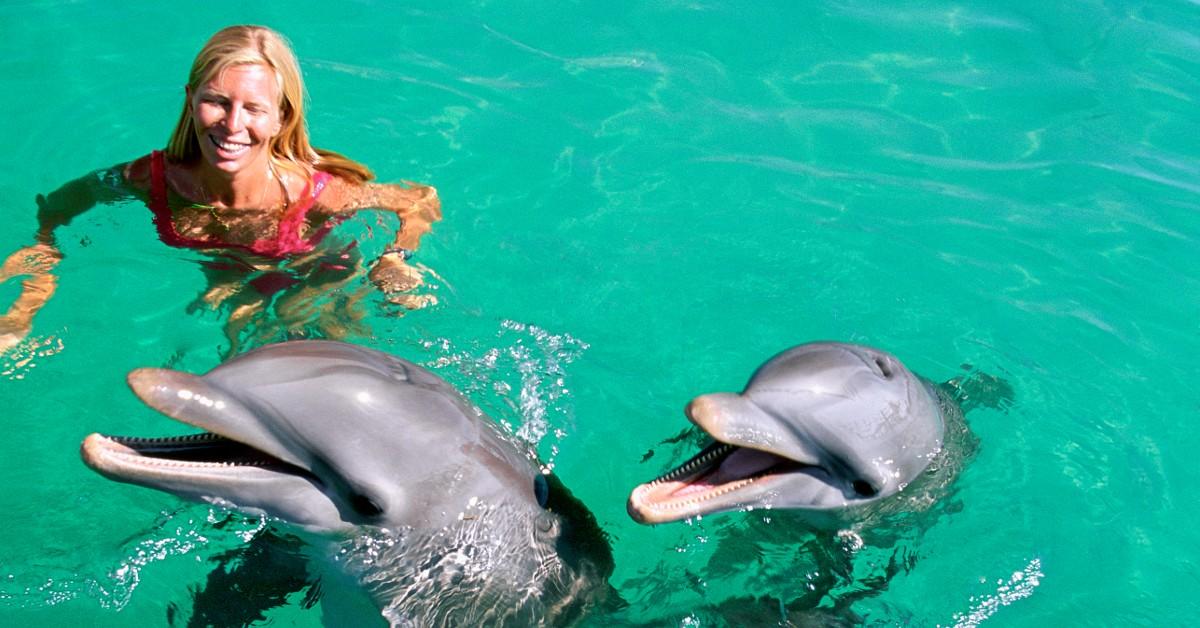 Photo of a smiling woman swimming with a group of dolphins