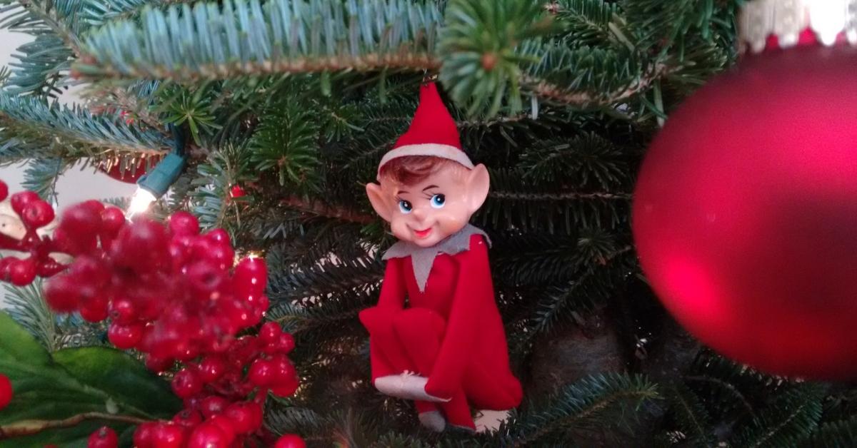 An elf in a Christmas tree. 