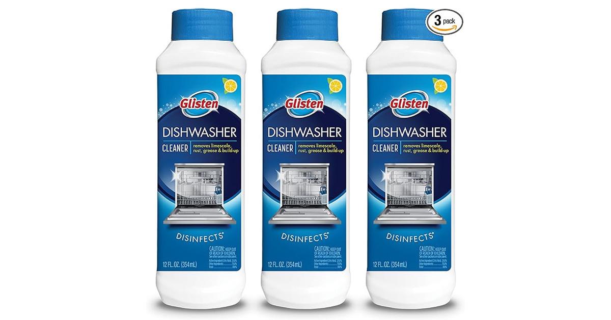 three bottles of dishwasher cleaner in white and blue bottles