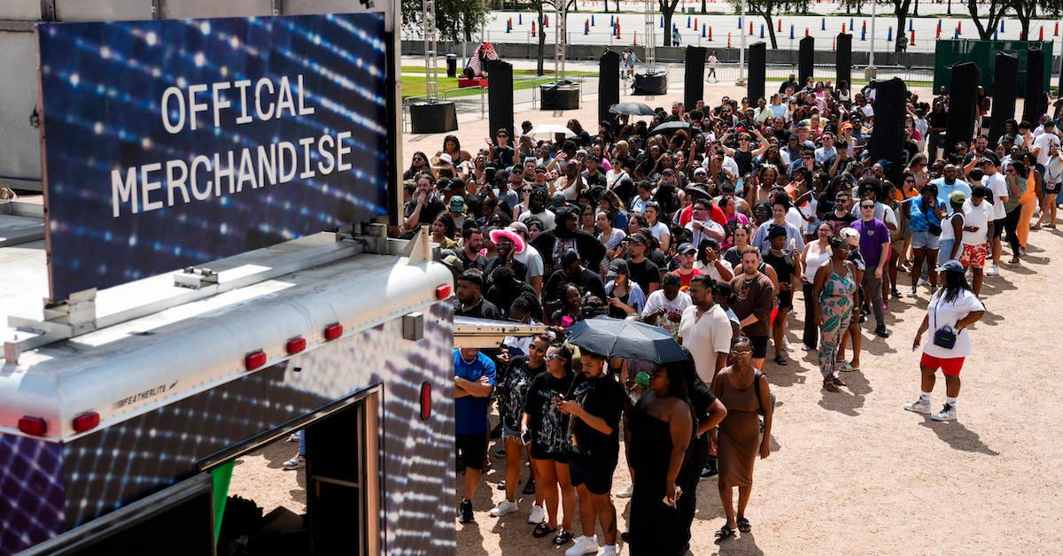 Beyoncé fans wait in a long line outside of NRG Park to purchase merchandise before the artist's two concerts at NRG Stadium, Saturday, Sept. 23, 2023, in Houston. 