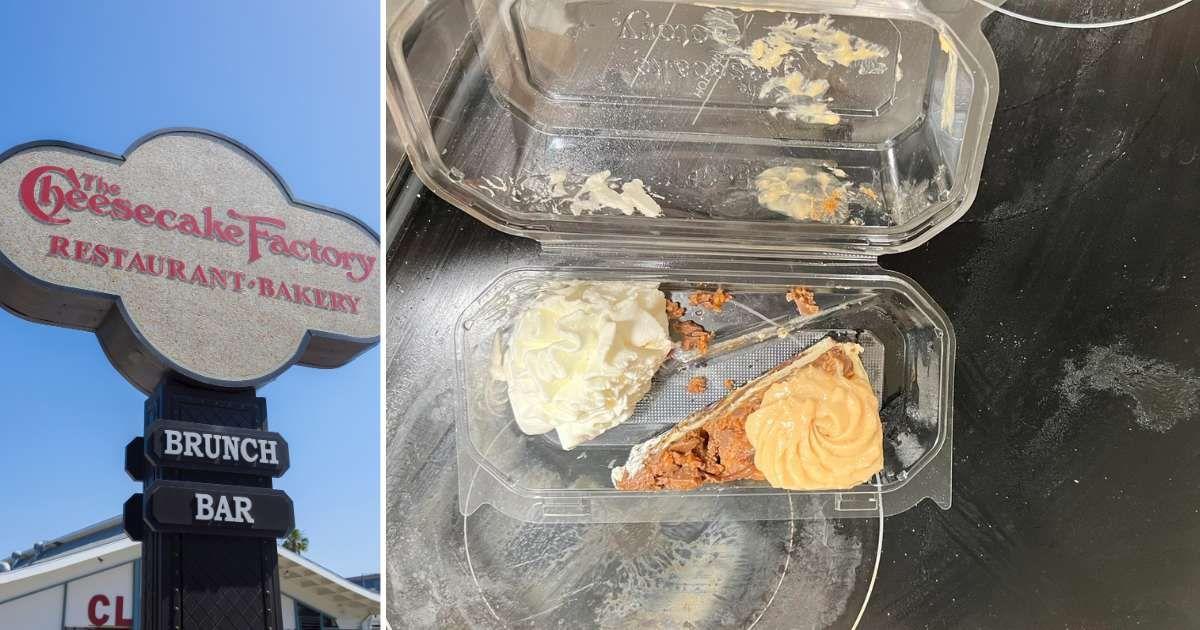 (L) View of Cheesecake Factory in Los Angeles (Representative Cover Image Source: Getty Images | LPETTET) | (R) An opened box of cheesecake a customer bought (Cover Image Source: Reddit | u/Fancy---Wolf)