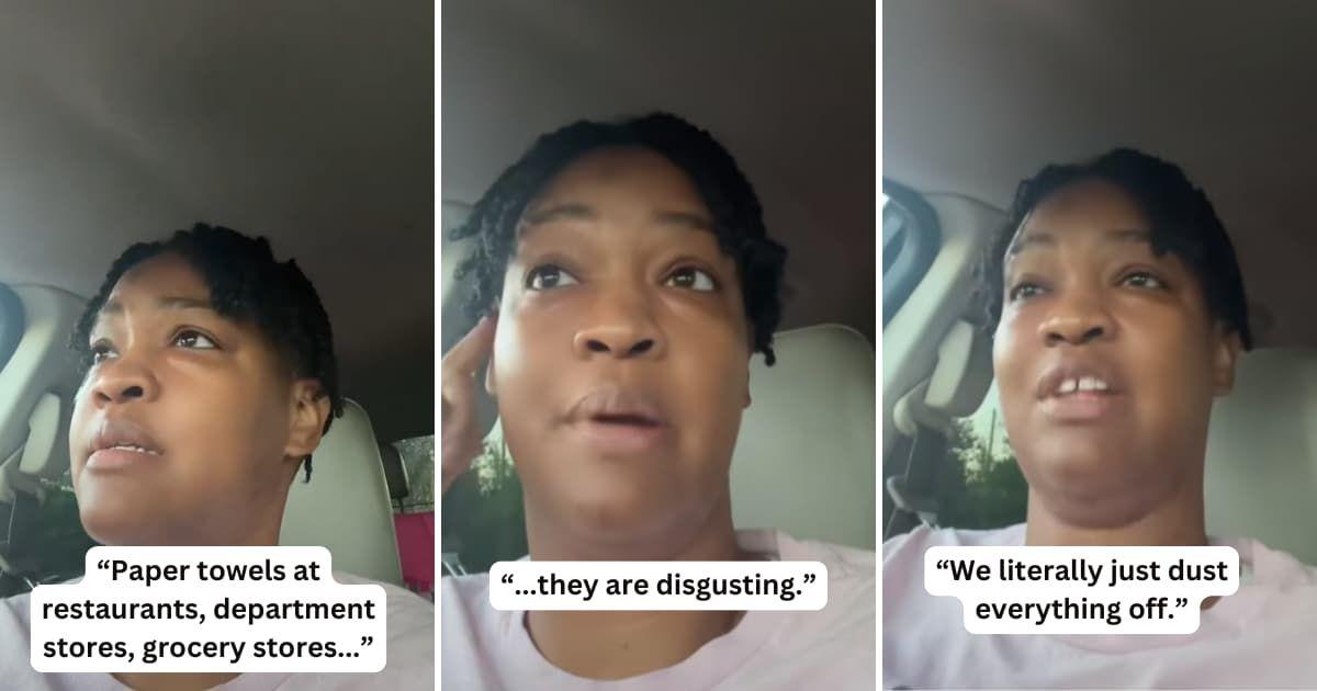 Woman reveals how unhygienic paper towels in restaurants are. (Cover Image source: TikTok | @tallandfunny1982)