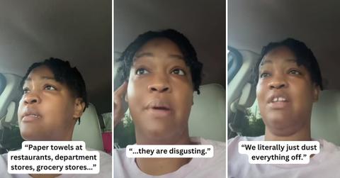 Woman reveals how unhygienic paper towels in restaurants are. (Cover Image source: TikTok | @tallandfunny1982)